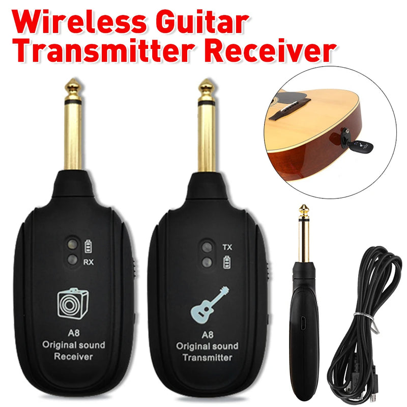 Trasmissor portátil exelente para usar em casa, studio, pockteshow.A8 Wireless Guitar System Electric Guitar Pickup Audio Transmitter Receiver for Electric Guitar Bass Violin Guitar Accessories